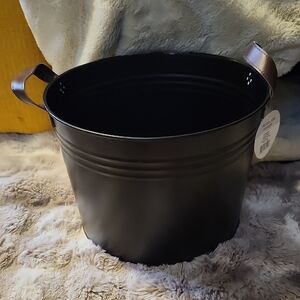 BLACK METAL BIN with BROWN FAUX LEATHER HANES